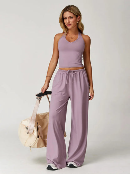 Halter Neck Top and Wide Leg Pants Two-Piece Set