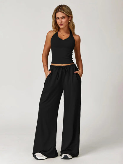 Halter Neck Top and Wide Leg Pants Two-Piece Set