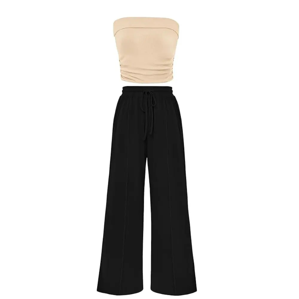 Ribbed Strapless Bandeau and High Waist Wide Leg Pants Two-Piece Set