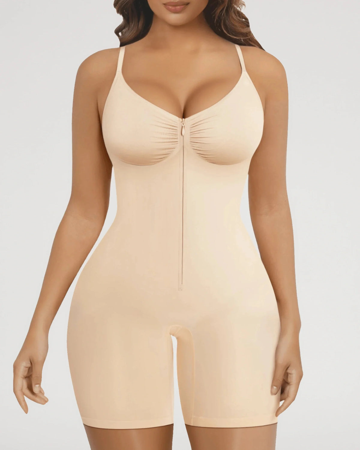 Seamless Zip-Front Mid-Thigh Shapewear Bodysuit