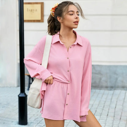 Textured Oversized Button-Down Shirt and Shorts Set