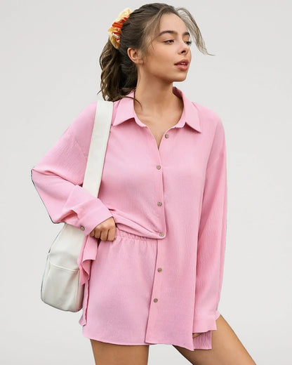 Textured Oversized Button-Down Shirt and Shorts Set