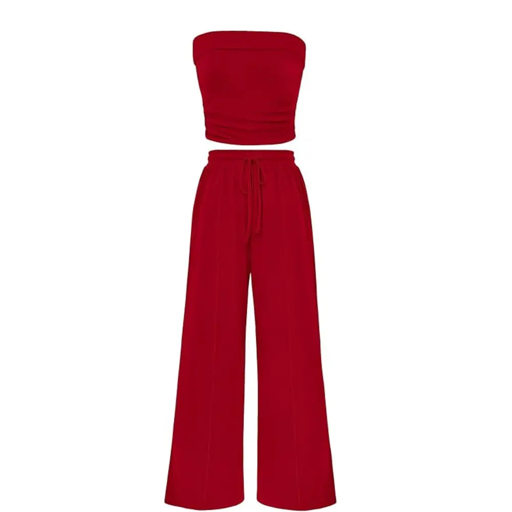 Ribbed Strapless Bandeau and High Waist Wide Leg Pants Two-Piece Set