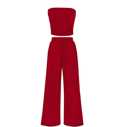 Ribbed Strapless Bandeau and High Waist Wide Leg Pants Two-Piece Set