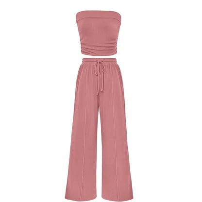 Ribbed Strapless Bandeau and High Waist Wide Leg Pants Two-Piece Set