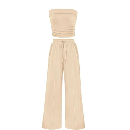 Ribbed Strapless Bandeau and High Waist Wide Leg Pants Two-Piece Set