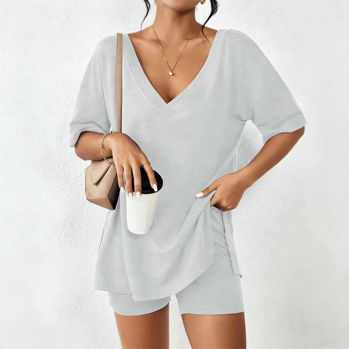 Oversized V-Neck Split Hem Lounge Set