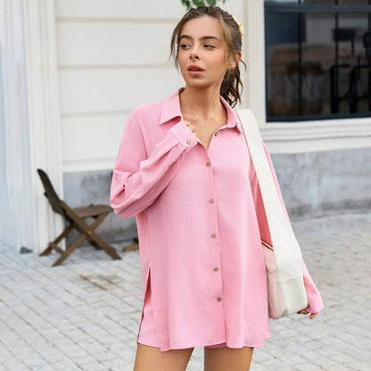 Textured Oversized Button-Down Shirt and Shorts Set