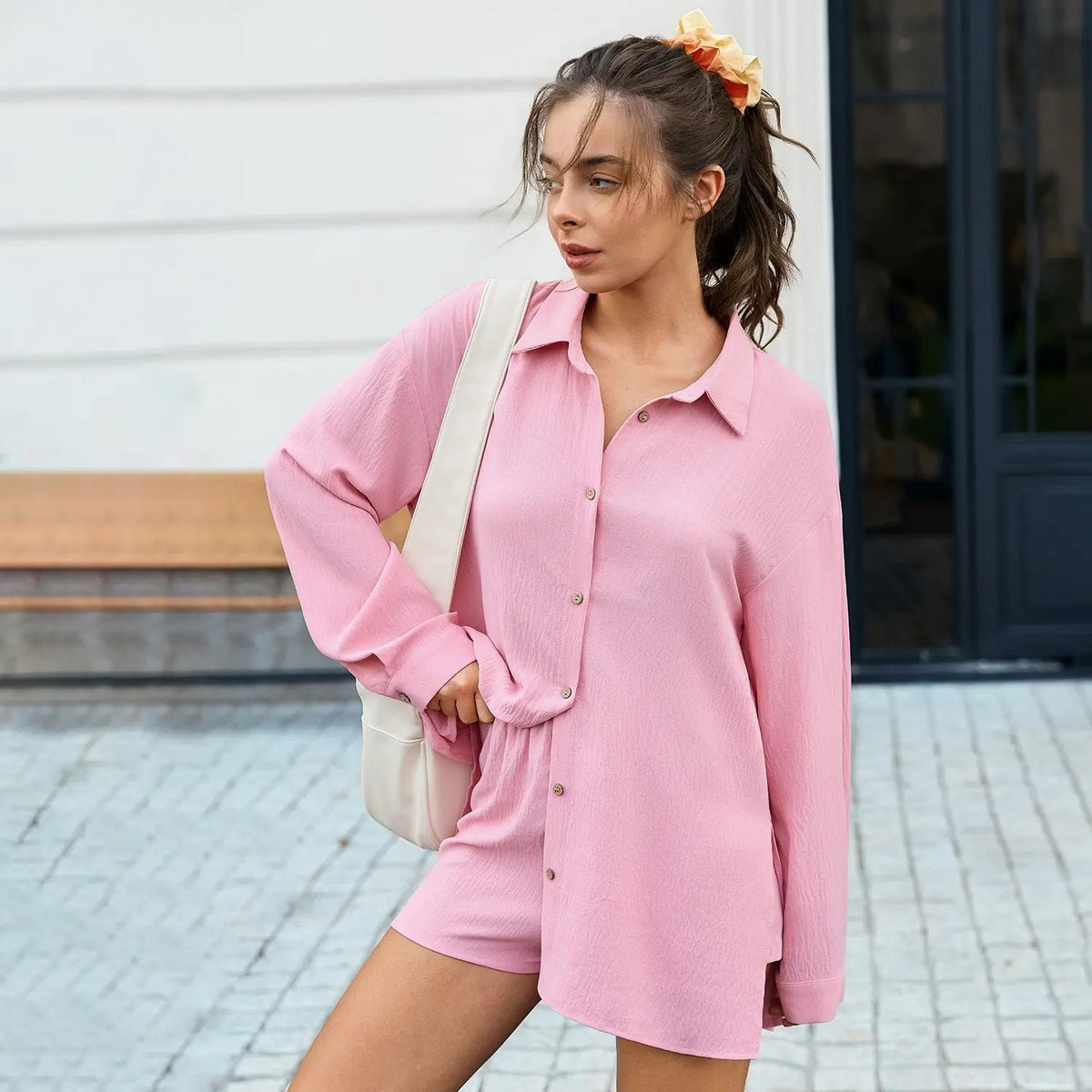 Textured Oversized Button-Down Shirt and Shorts Set