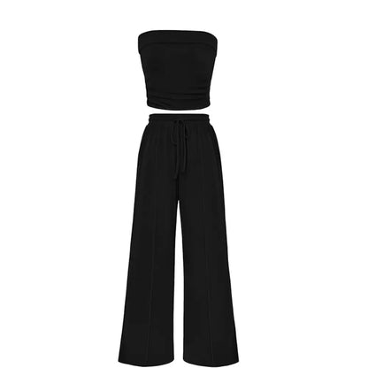 Ribbed Strapless Bandeau and High Waist Wide Leg Pants Two-Piece Set