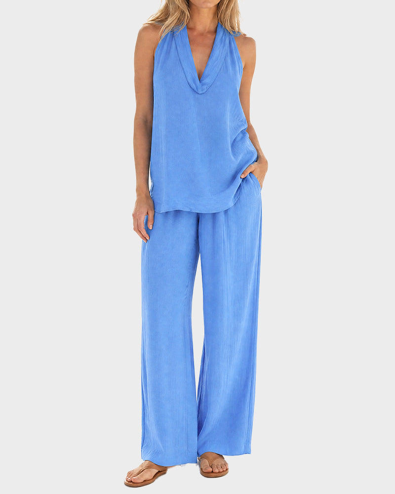 Azure Halter V-Neck Top & Wide Leg Pants Two-Piece Set