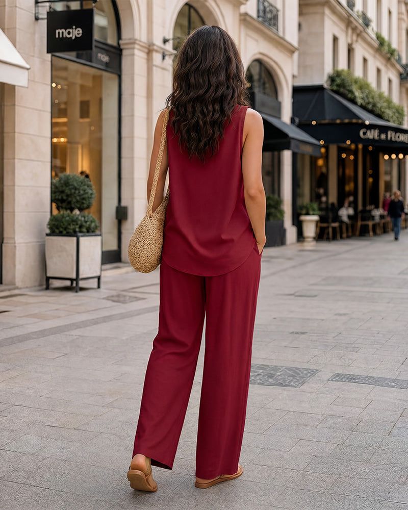 Azure Halter V-Neck Top & Wide Leg Pants Two-Piece Set