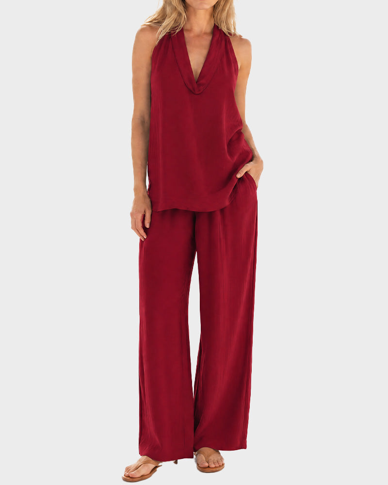 Azure Halter V-Neck Top & Wide Leg Pants Two-Piece Set