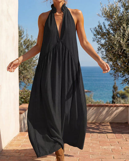 Halter Deep V-Neck Flowy Maxi Dress with Pockets