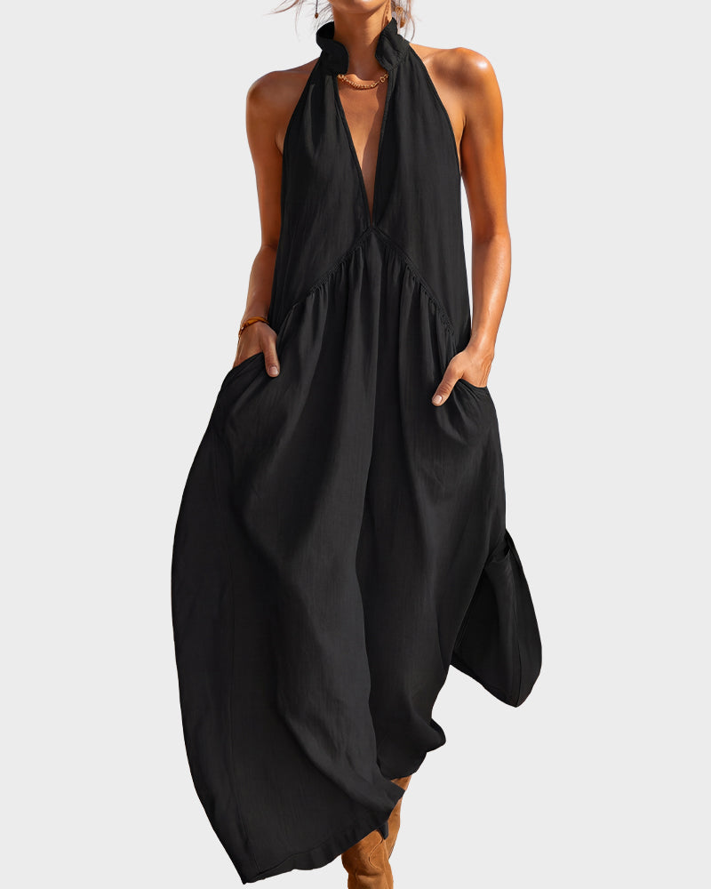 Halter Deep V-Neck Flowy Maxi Dress with Pockets