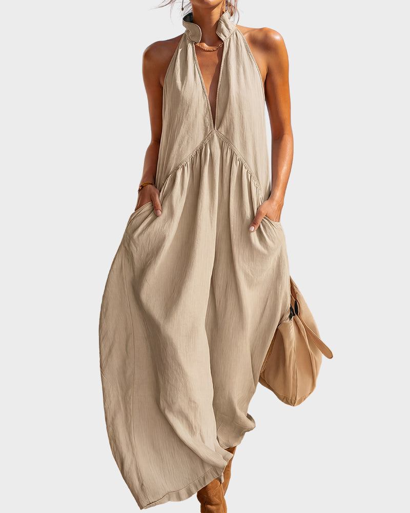 Halter Deep V-Neck Flowy Maxi Dress with Pockets