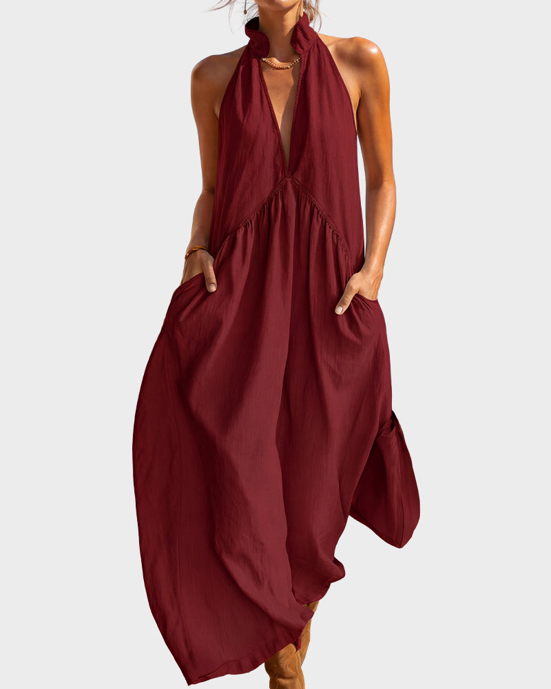 Halter Deep V-Neck Flowy Maxi Dress with Pockets