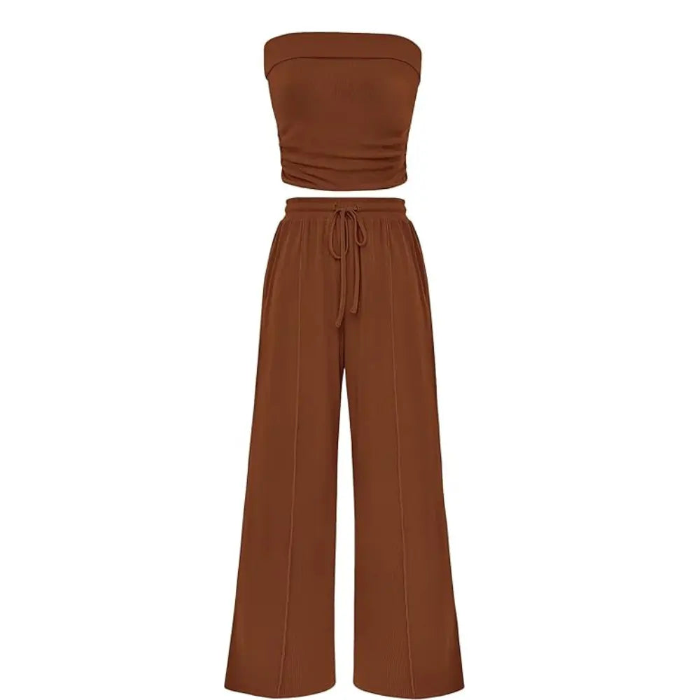 Ribbed Strapless Bandeau and High Waist Wide Leg Pants Two-Piece Set