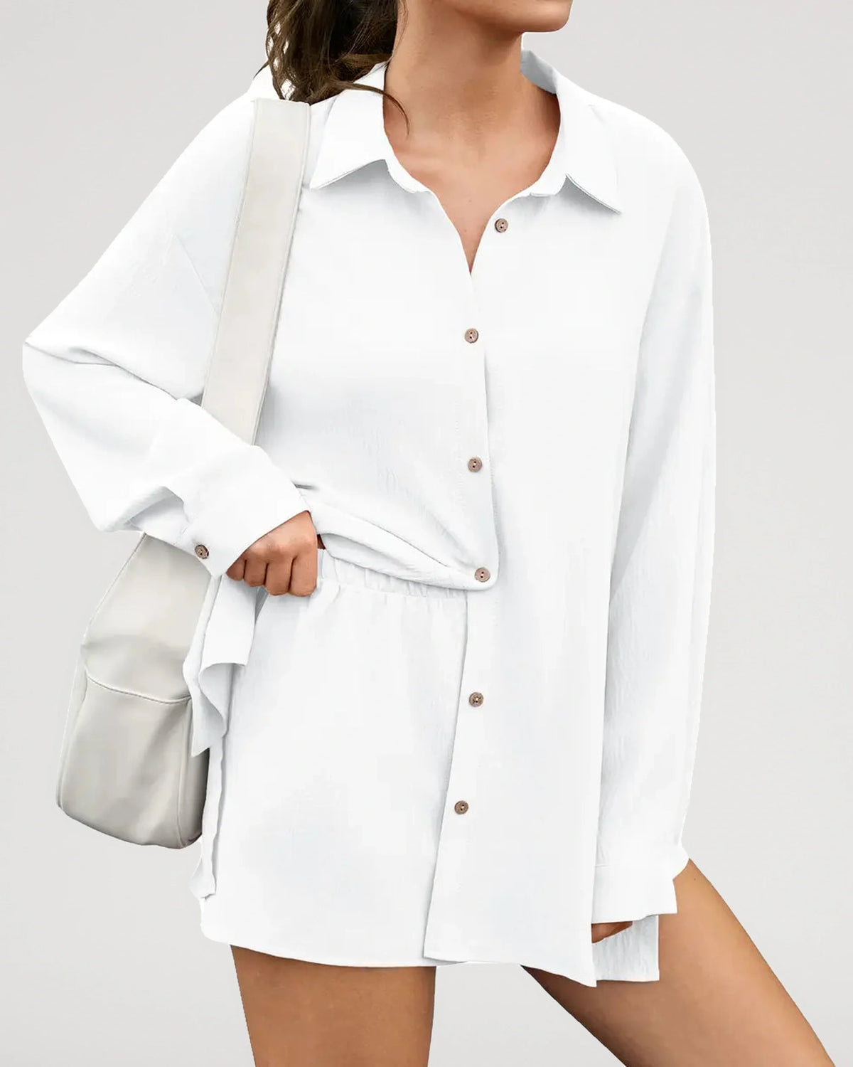 Textured Oversized Button-Down Shirt and Shorts Set