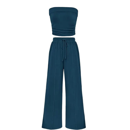 Ribbed Strapless Bandeau and High Waist Wide Leg Pants Two-Piece Set