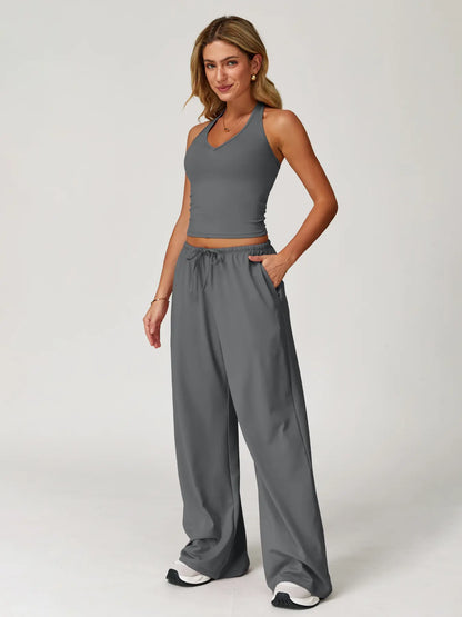 Halter Neck Top and Wide Leg Pants Two-Piece Set