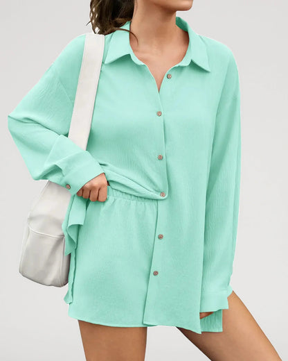 Textured Oversized Button-Down Shirt and Shorts Set