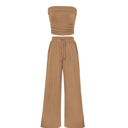 Ribbed Strapless Bandeau and High Waist Wide Leg Pants Two-Piece Set