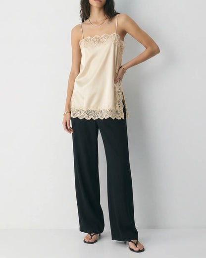 Contrast Black Lace Trim Satin Camisole Top