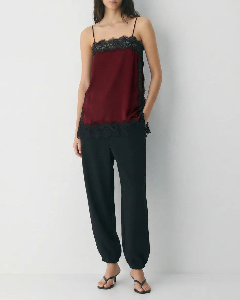 Contrast Black Lace Trim Satin Camisole Top