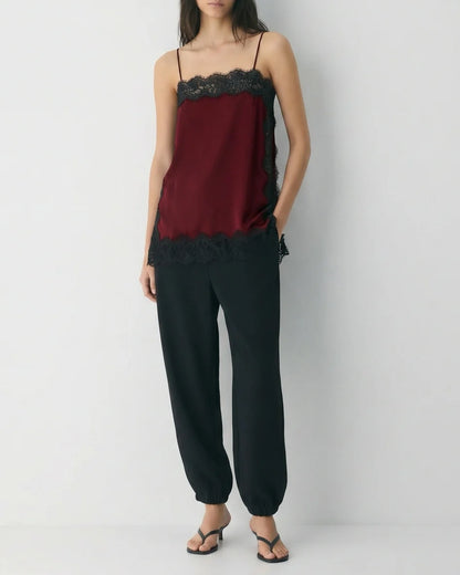 Contrast Black Lace Trim Satin Camisole Top