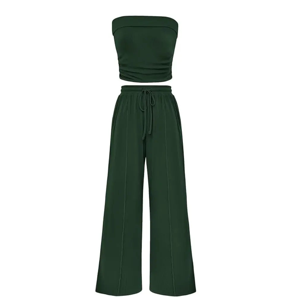 Ribbed Strapless Bandeau and High Waist Wide Leg Pants Two-Piece Set