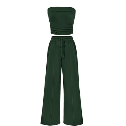 Ribbed Strapless Bandeau and High Waist Wide Leg Pants Two-Piece Set