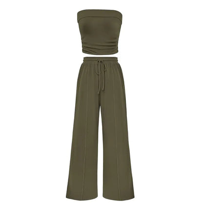 Ribbed Strapless Bandeau and High Waist Wide Leg Pants Two-Piece Set