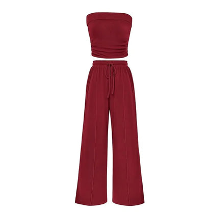 Ribbed Strapless Bandeau and High Waist Wide Leg Pants Two-Piece Set